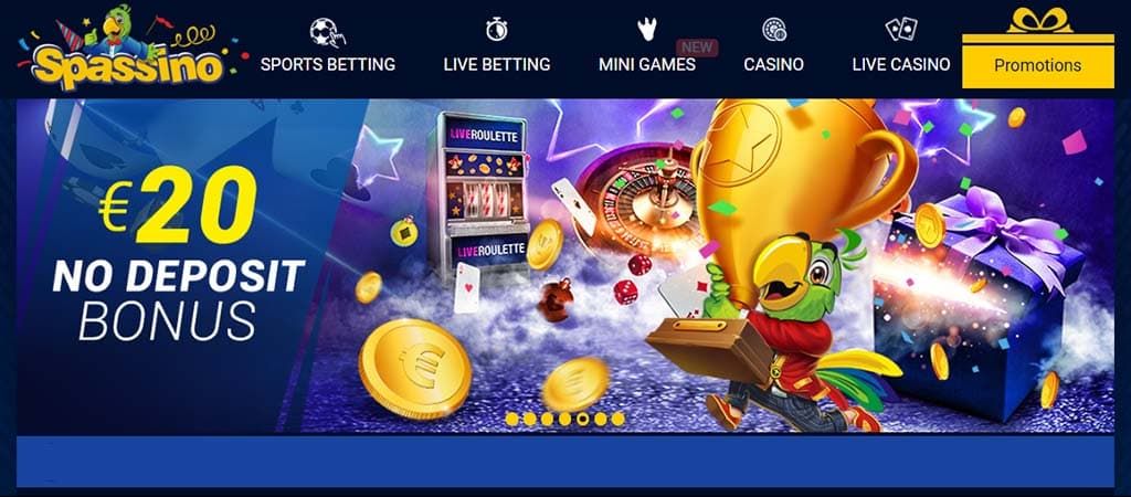 Spassino Casino €20 befizetés nélküli bónusz promóció aranyserleggel és ajándékdobozos háttérrel.