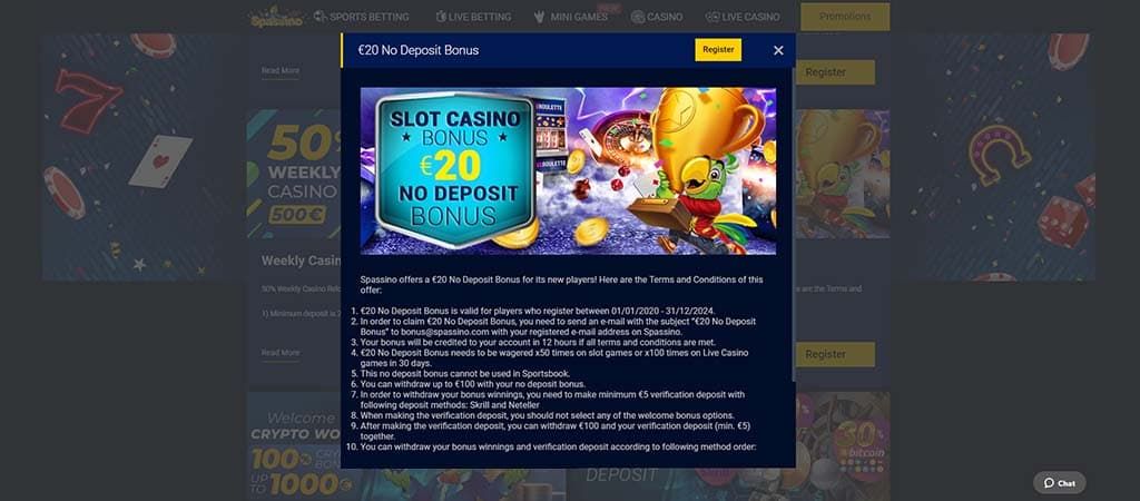 Spassino Casino €20 befizetés nélküli bónusz feltételek színes háttérrel és aranyserleges papagájjal.