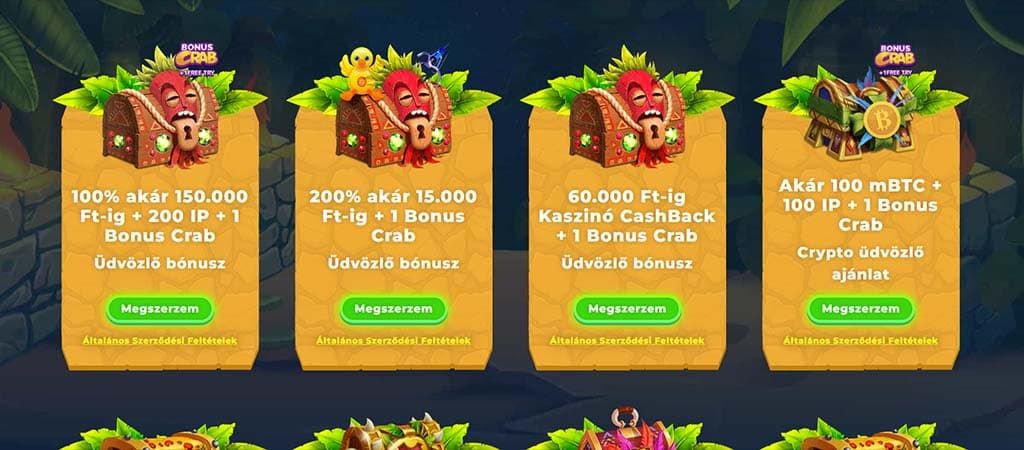 Wazamba kaszinó bónuszválaszték: 100% akár 150 000 Ft, cashback, crypto ajánlat és Bonus Crab karakter.