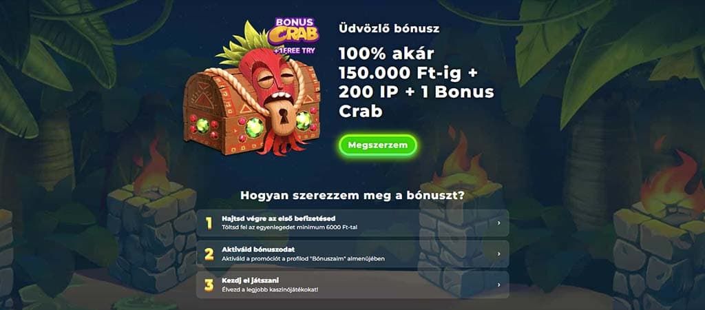 Wazamba kaszinó üdvözlő bónusz 100% akár 150 000 Ft-ig, 200 IP és 1 Bonus Crab karakterrel.
