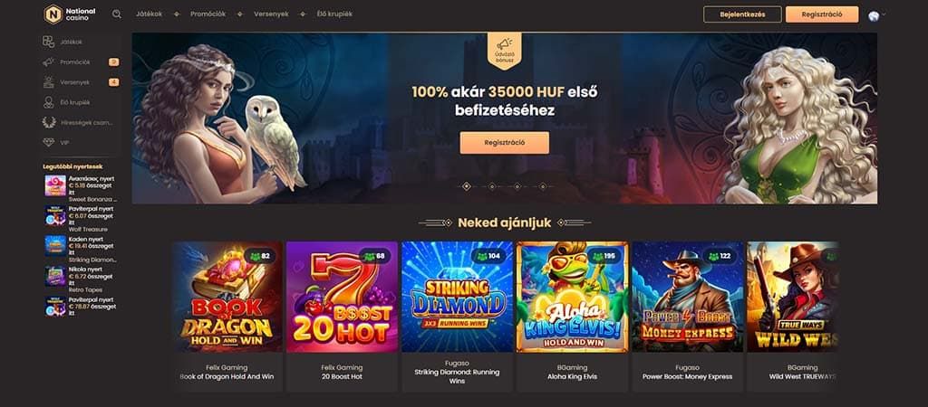 National Casino főoldal – 100% akár 35 000 Ft első befizetési bónusz ajánlattal és népszerű nyerőgépes játékokkal.