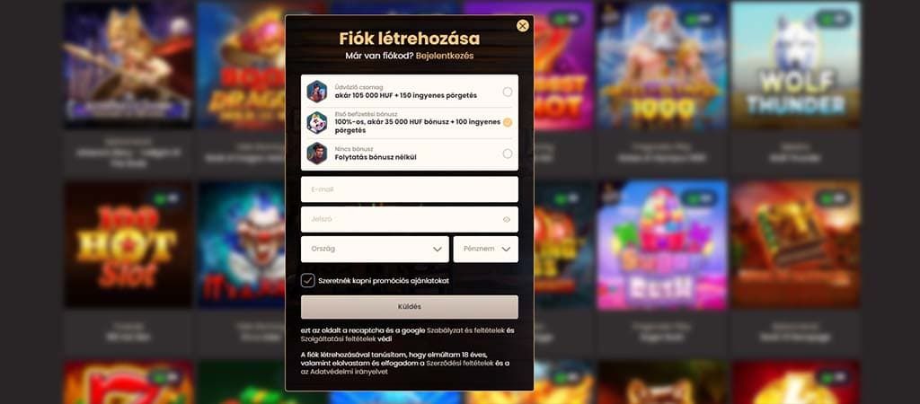 Fiók létrehozása a National Casino oldalán, üdvözlő bónusz akár 150 ingyenes pörgetéssel és 105 000 HUF-ig.