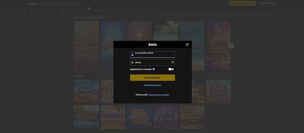 Bwin kaszinó bejelentkezési ablak.