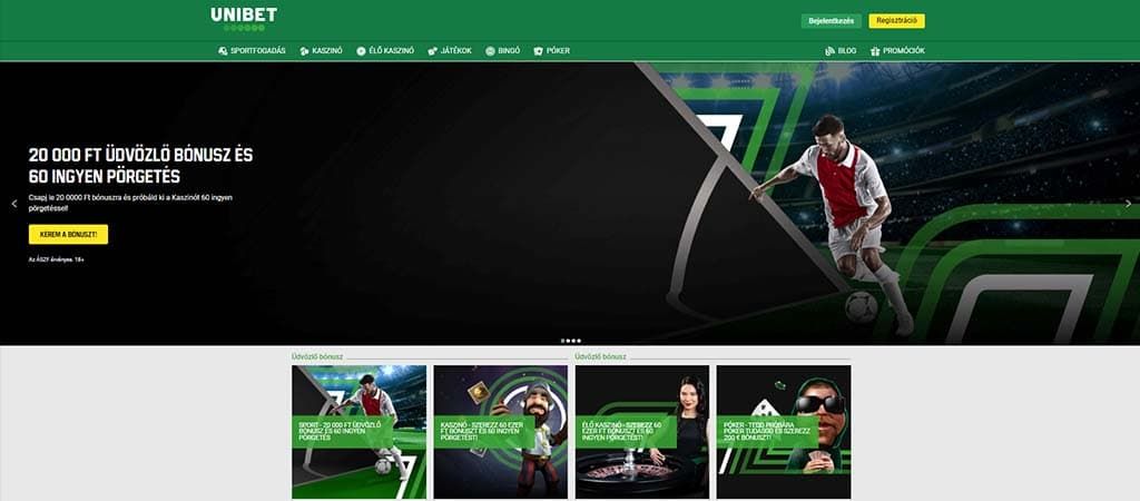 Unibet kaszinó kezdőlap magyar nyelven, 20 000 forintos üdvözlő bónusszal és 60 ingyenes pörgetéssel új felhasználóknak.