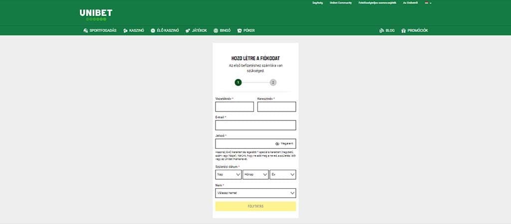 Unibet online kaszinó regisztrációs felület személyes adatok megadásával.