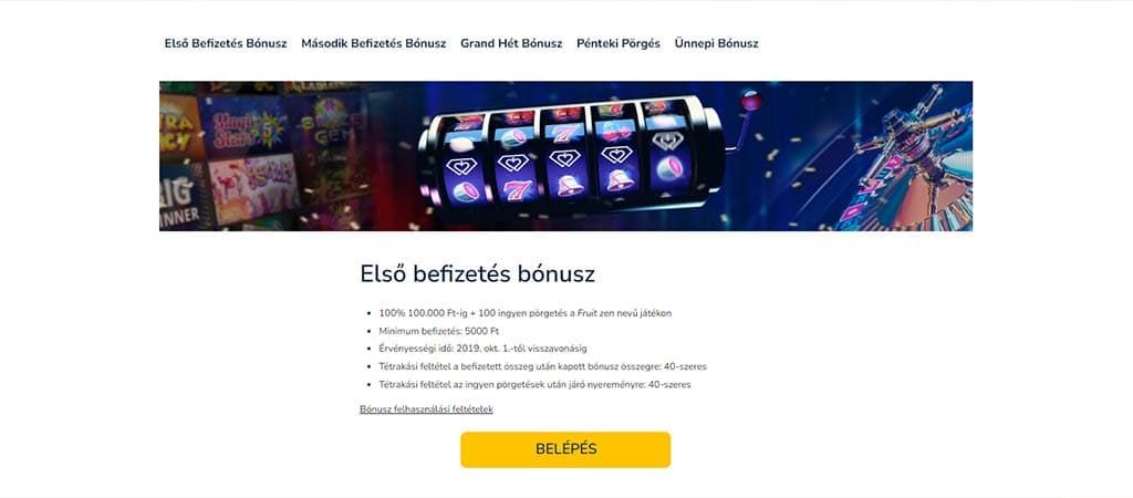 Grand Casino első befizetési bónusz ajánlat 100.000 Ft-ig és 100 ingyenes pörgetés Fruit Zen nyerőgépen.