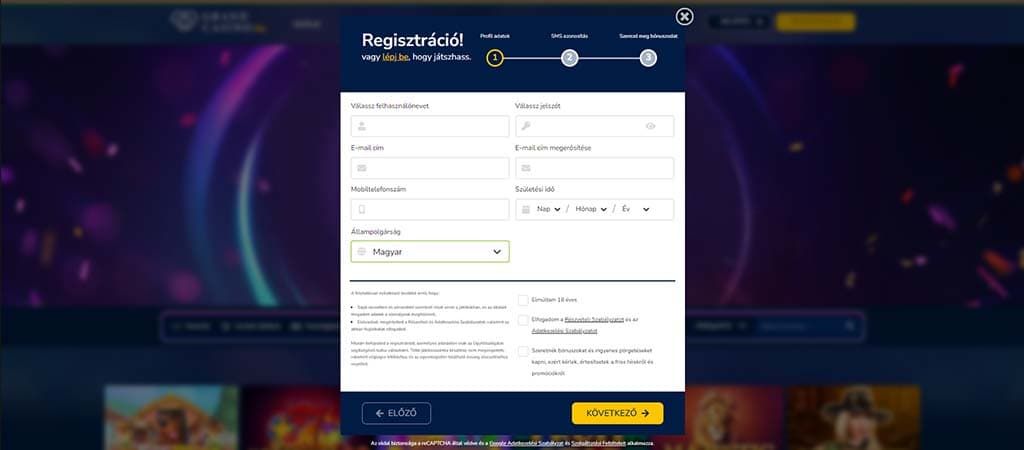 Grand Casino regisztrációs űrlap új játékosok számára a fiók létrehozásához és üdvözlő bónusz igényléséhez.