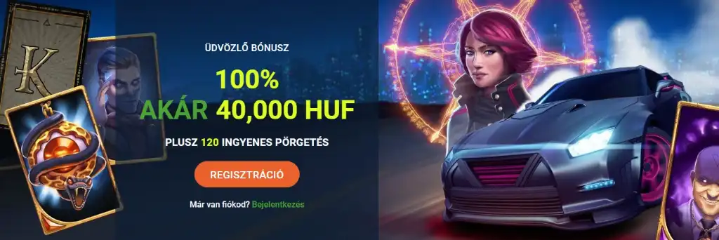 20Bet kaszinó üdvözlő bónusz promóció autóverseny és kártyajáték grafikával, 100 százalékos bónusz 120 ingyenes pörgetéssel.