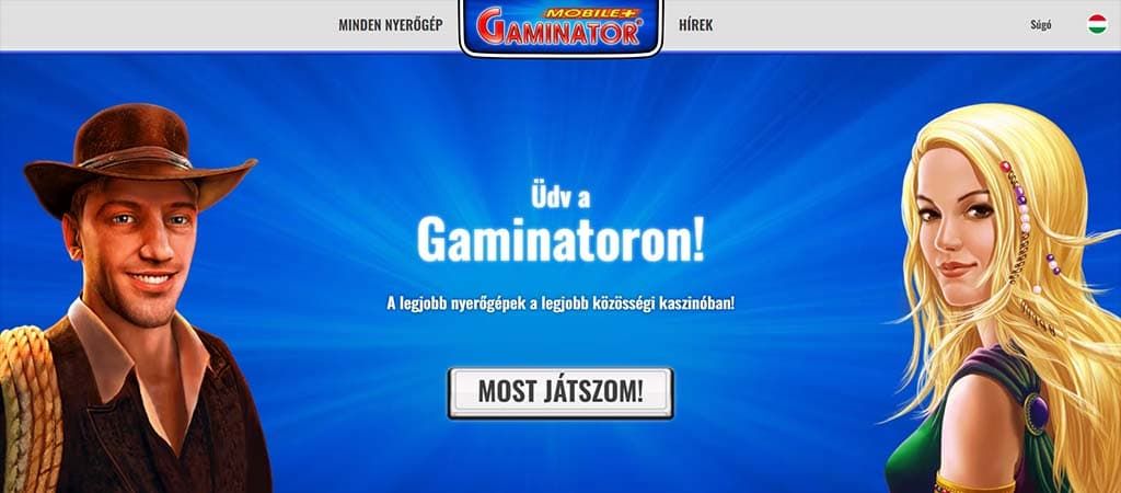Üdvözlő képernyő férfi és női karakterrel a Gaminator közösségi kaszinó játékoldalon.