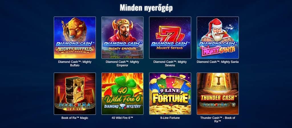 Gaminator kaszinó nyerőgépek, például Diamond Cash Mighty Buffalo, Book of Ra és Thunder Cash képekkel.