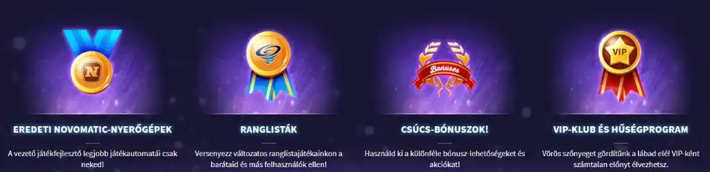 GameTwist bónuszlehetőségek: eredeti Novomatic-nyerőgépek, ranglistaversenyek, exkluzív akciók és VIP klub hűségprogram.
