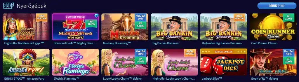 GameTwist nyerőgépek kínálata, népszerű címekkel mint a Book of Ra deluxe, Lucky Lady's Charm és Diamond Cash Mighty Sevens.