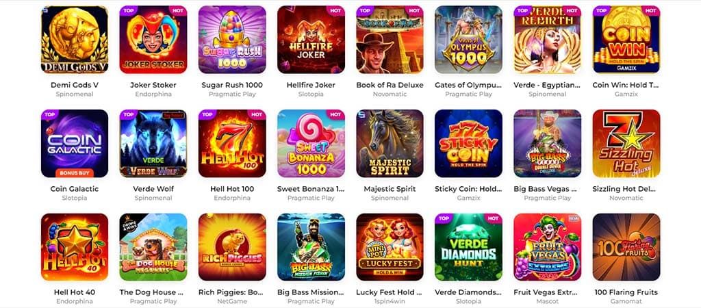 Verde Casino online nyerőgépek: Gates of Olympus, Sweet Bonanza, Book of Ra, Joker Stoker és további top játékok.
