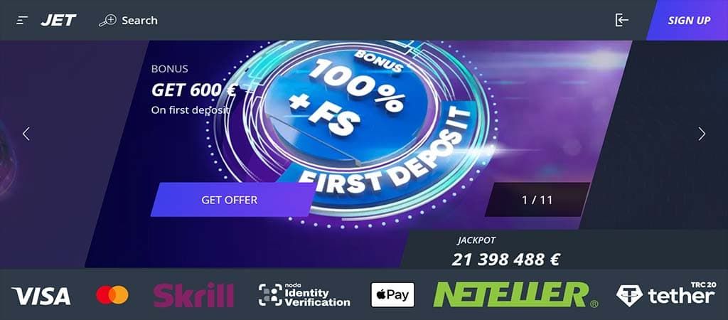 Jet Casino főoldal banner, első befizetés bónusz 100% + ingyen pörgetések, támogatott fizetési módok logóival.