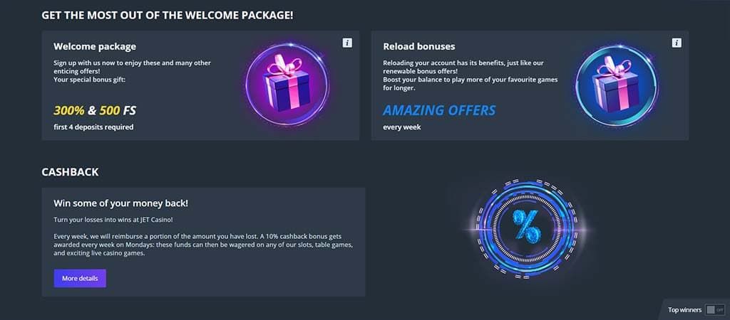 Jet Casino üdvözlő bónusz 300% + 500 ingyen pörgetés, heti reload és 10% cashback bónusz minden hétfőn.