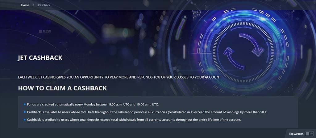 Jet Casino heti cashback bónusz 10% veszteség visszatérítés minden hétfőn, automatikus jóváírás 9-10 óra között.