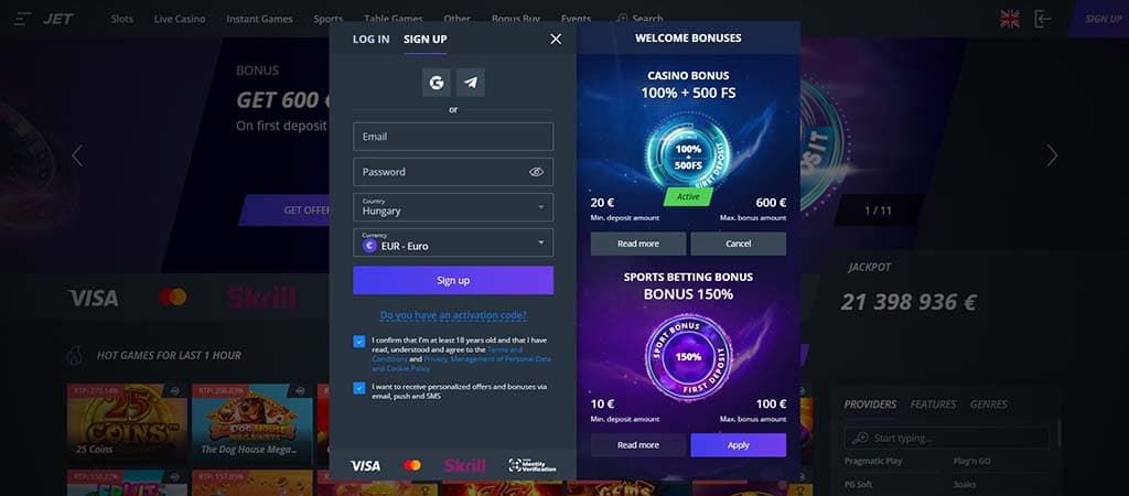 Jet Casino regisztrációs űrlap email, jelszó, ország, valuta kiválasztással, 18+ korhatár és adatkezelési feltételek elfogadásával.