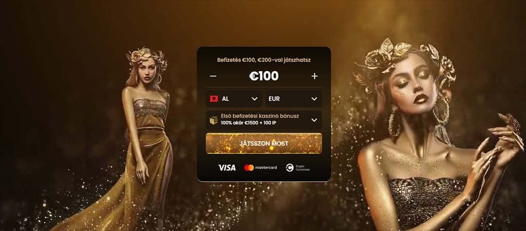 Goldspin Casino főoldal elegáns dizájnnal és akár €1500 értékű első befizetési bónusszal.