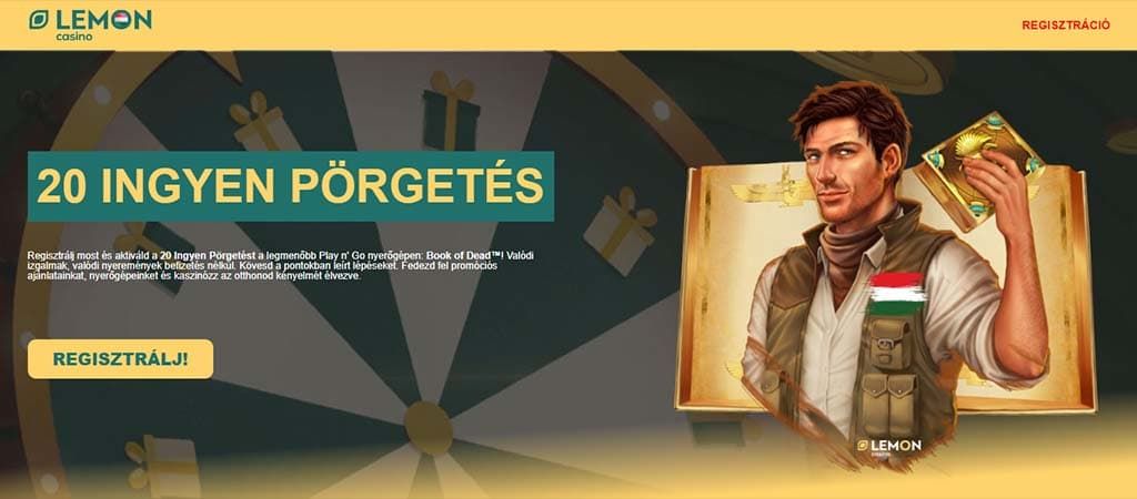 Lemon Casino promóciós banner: 20 ingyen pörgetés ajánlat a Book of Dead játékhoz, regisztráció gombbal és új kalandokkal.