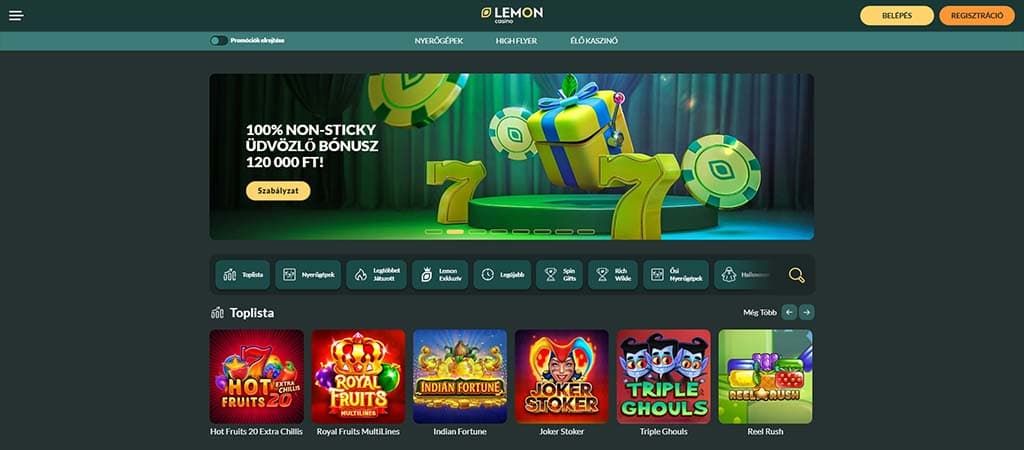 Lemon Casino főoldal: üdvözlő bónusz, népszerű játékok, mint a Hot Fruits, Joker Stoker, gyors regisztráció és játék.