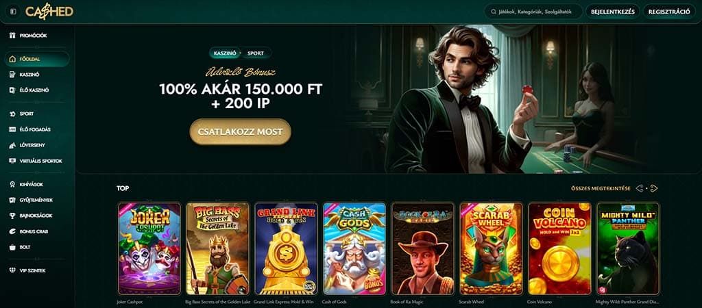 Cashed Casino főoldal, üdvözlő bónusz, játékok, elegáns férfi kaszinóasztalnál, sötét zöld háttér.