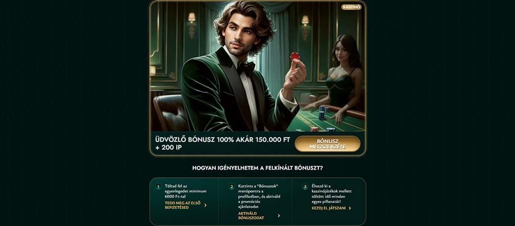 Cashed Casino üdvözlő bónusz promóció férfival kaszinóasztalnál, zöld háttérrel, 150 ezer Ft-ig és 200 IP bónusz.