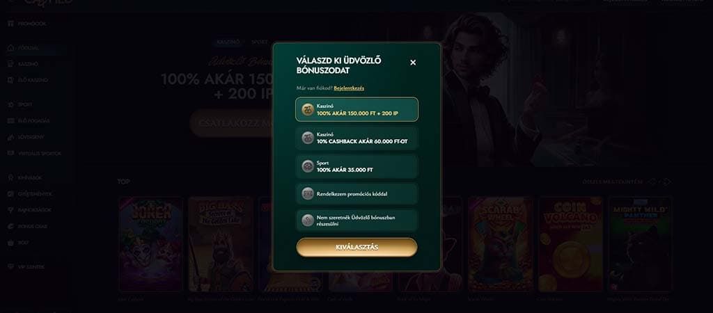 Cashed Casino regisztrációs felület, ahol bónuszokat lehet választani, sötét háttérrel és férfi kaszinójátékos képpel.