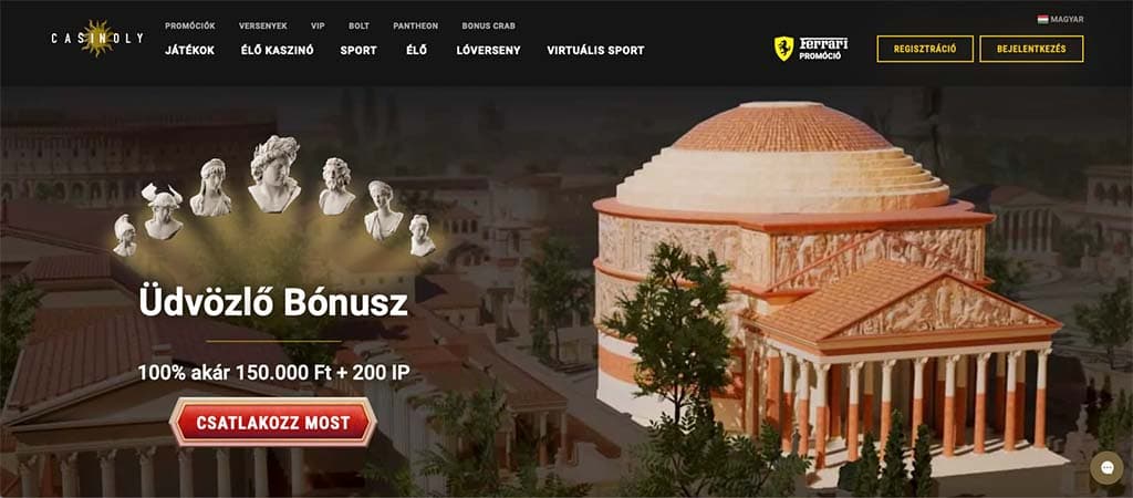 Casinoly üdvözlő bónusz: 100% akár 150.000 Ft + 200 IP, csatlakozz most a játékhoz gomb!