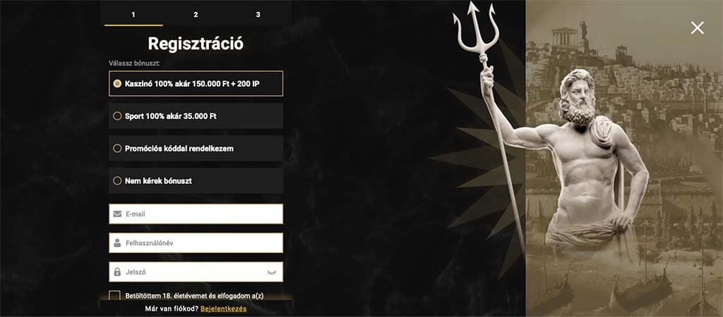 Casinoly regisztrációs űrlap kaszinó bónusz választási lehetőséggel, beviteli mezőkkel és ókori görög isten szobrával.