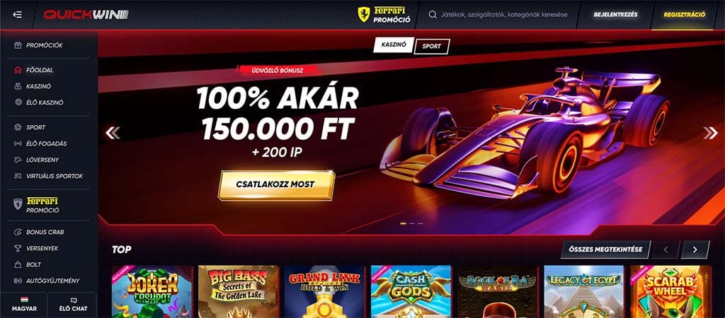 Quickwin kaszinó főoldal, ahol 100% üdvözlő bónusz 150.000 Ft-ig + 200 IP érhető el, népszerű nyerőgépekkel és élő kaszinóval.