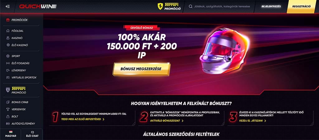 Quickwin kaszinó 100% üdvözlő bónusz 150.000 Ft-ig + 200 IP, lépésenkénti bónusz igénylés és általános szerződési feltételek.