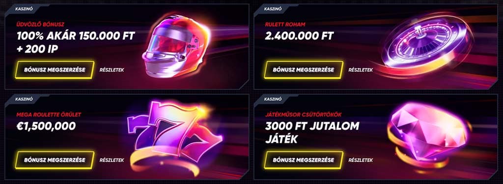 Quickwin kaszinó promóciók: üdvözlő bónusz 100% akár 150.000 Ft + 200 IP, Rulett Rohan 2.400.000 Ft, Mega Roulette, jutalom játék.