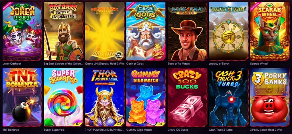 Quickwin kaszinó népszerű játékai, mint Joker Cashpot, Big Bass Secrets, Book of Ra Magic, és Super SugarPop.