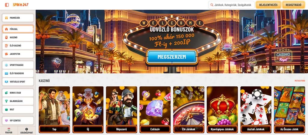 Spin247 kaszinó főoldal látkép Las Vegas-i stílusban, különböző kaszinójátékokkal és üdvözlő bónusszal.