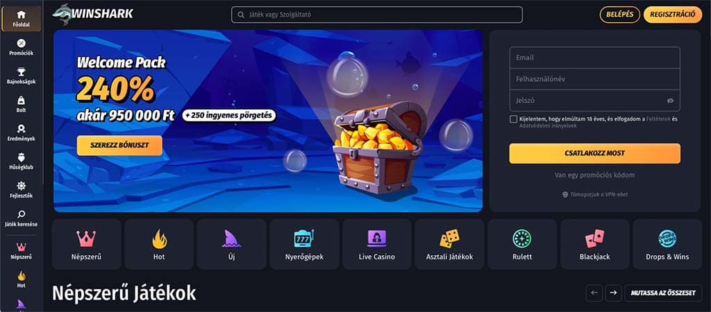 Winshark casino főoldal, üdvözlő csomag 240% akár 950000 Ft + 250 ingyenes pörgetés.