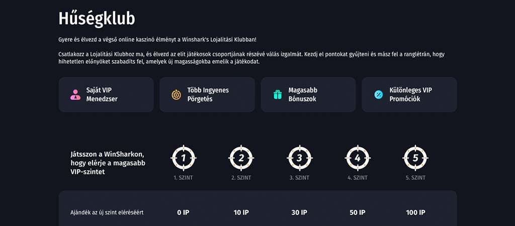 Winshark casino VIP klub hűségprogram saját menedzserrel, ingyenes pörgetésekkel, magasabb bónuszokkal és exkluzív promóciókkal.