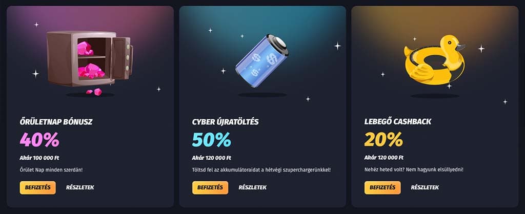 Winshark casino promóciók: Őrületnap 40% bónusz, Cyber újratöltés 50% bónusz, Lebegő cashback 20%, mind max 100-120 ezer Ft-ig.