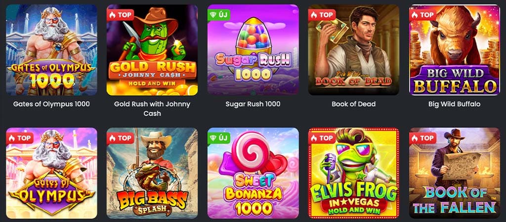 Top kaszinó játékok, mint Gates of Olympus, Gold Rush Johnny Cash, Sugar Rush, Book of Dead, Big Wild Buffalo és még sok más.