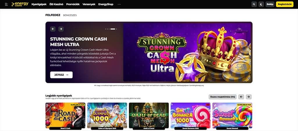 Energy Casino főoldal nyerőgépek kiemeléssel és játékleírással, színes elemekkel, játék indítás gombbal.