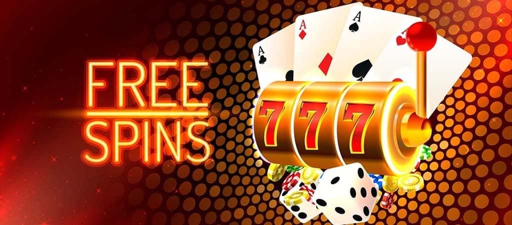 Free Spins kaszinó grafika, 777-es nyerőgép, ászok, dobókocka és bónusz szimbólumok.