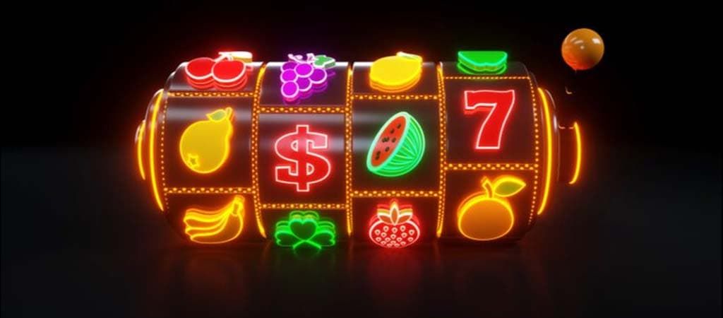 Neon stílusú online nyerőgép gyümölcs szimbólumokkal és 7-es ikonnal, klasszikus slot élmény.