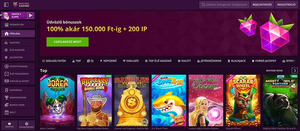 Malina casino főoldal üdvözlő bónusz és népszerű nyerőgépes játékok színes borítókkal, kategóriák menüvel bal oldalon.