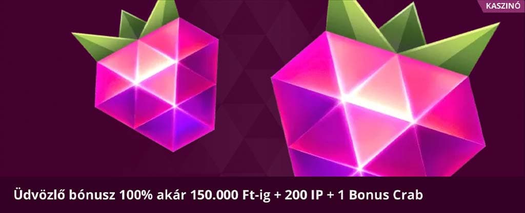 Malina Casino üdvözlő bónusz felirat lila háttéren, pink geometrikus eper grafikával.