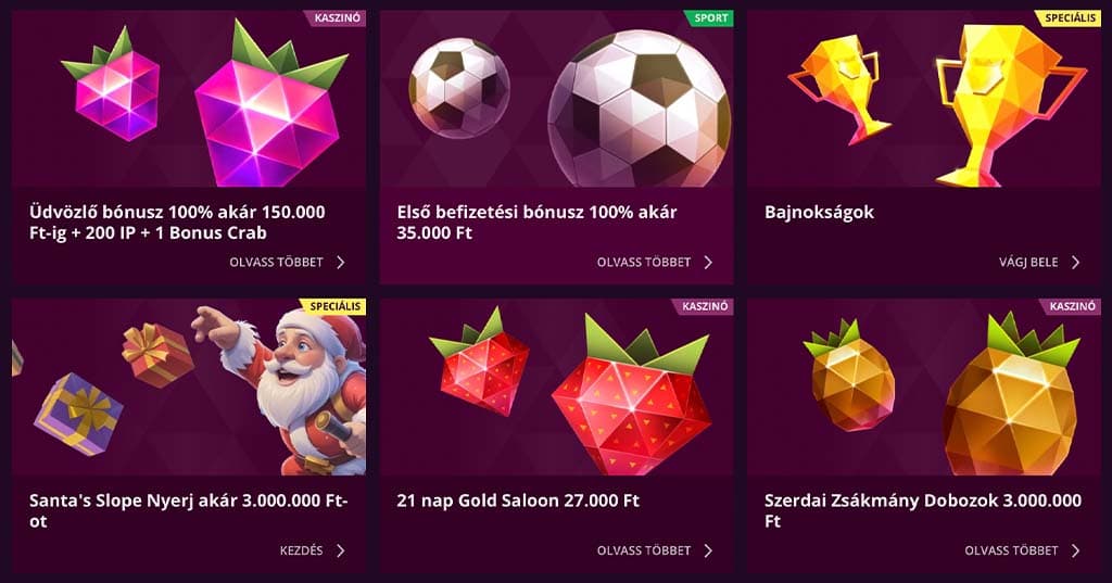 Malina Casino promóciók: üdvözlő bónusz, első befizetési bónusz, bajnokságok, Santa's Slope nyeremény, napi Gold Saloon, zsákmány dobozok.