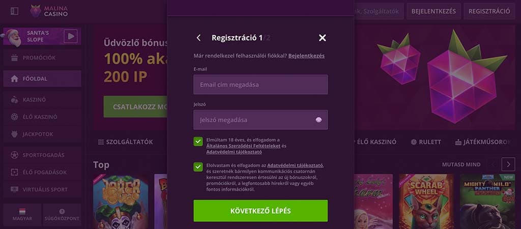 Malina Casino regisztrációs űrlap az email és jelszó megadásával, feltételek elfogadásával és lépés tovább gombbal.