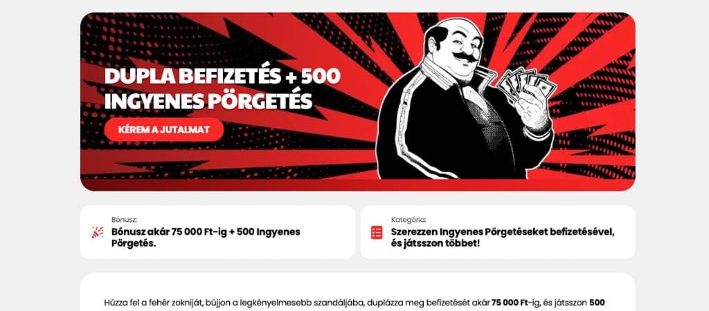 Janusz casino dupla befizetés 75000 ft-ig 500 ingyen pörgetéssel piros fekete dizájn rajzolt figura.