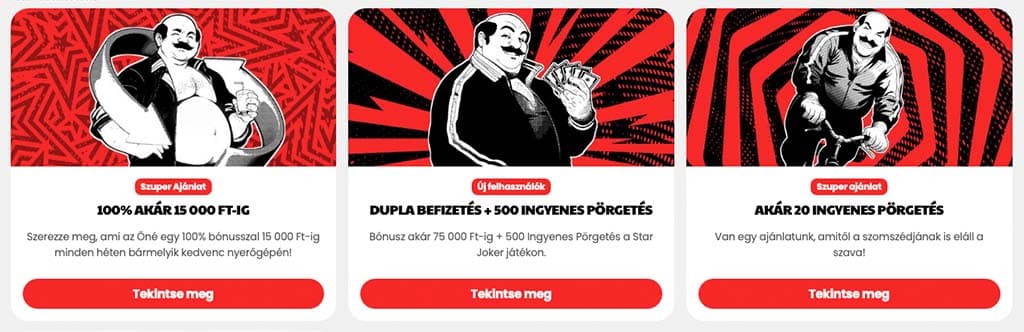 Janusz casino promóciók piros-fekete háttérrel, rajzolt férfi figura, különböző bónuszok és ingyen pörgetések.