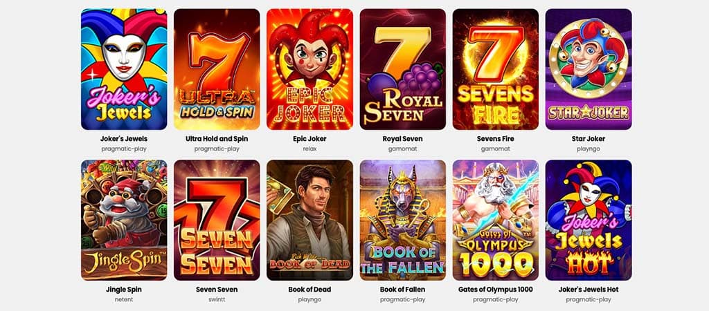Janusz casino játékok színes ikonokkal, különböző nyerőgépes játékok borítói és fejlesztőik nevei.