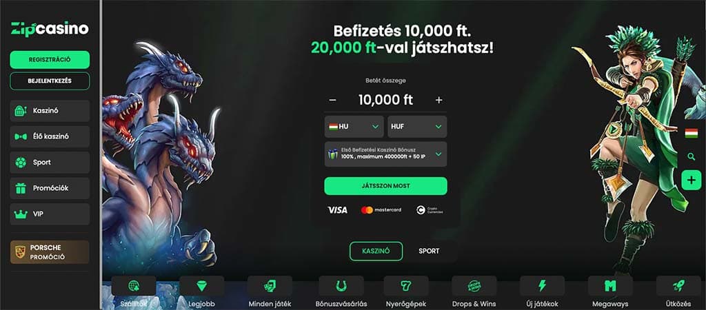 Zip casino főoldal, többfejű sárkány és íjász karakter, befizetés részletek, zöld gombokkal és ikonokkal a menüben, sötét háttérrel.