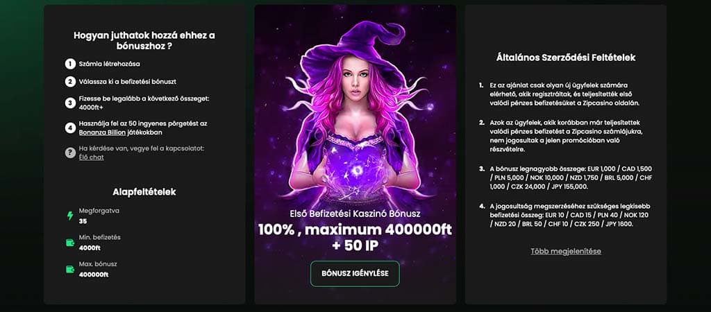 Zip Casino első befizetési bónusz részletei, varázslónővel, feltételek és szabályok ismertetése.